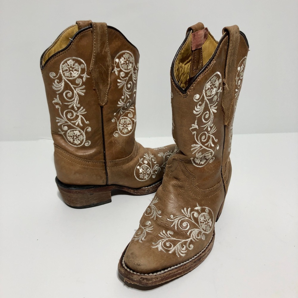 Cruzalta Kids Brown Leather Floral Embroidered Western Cowboy Boots Size 10